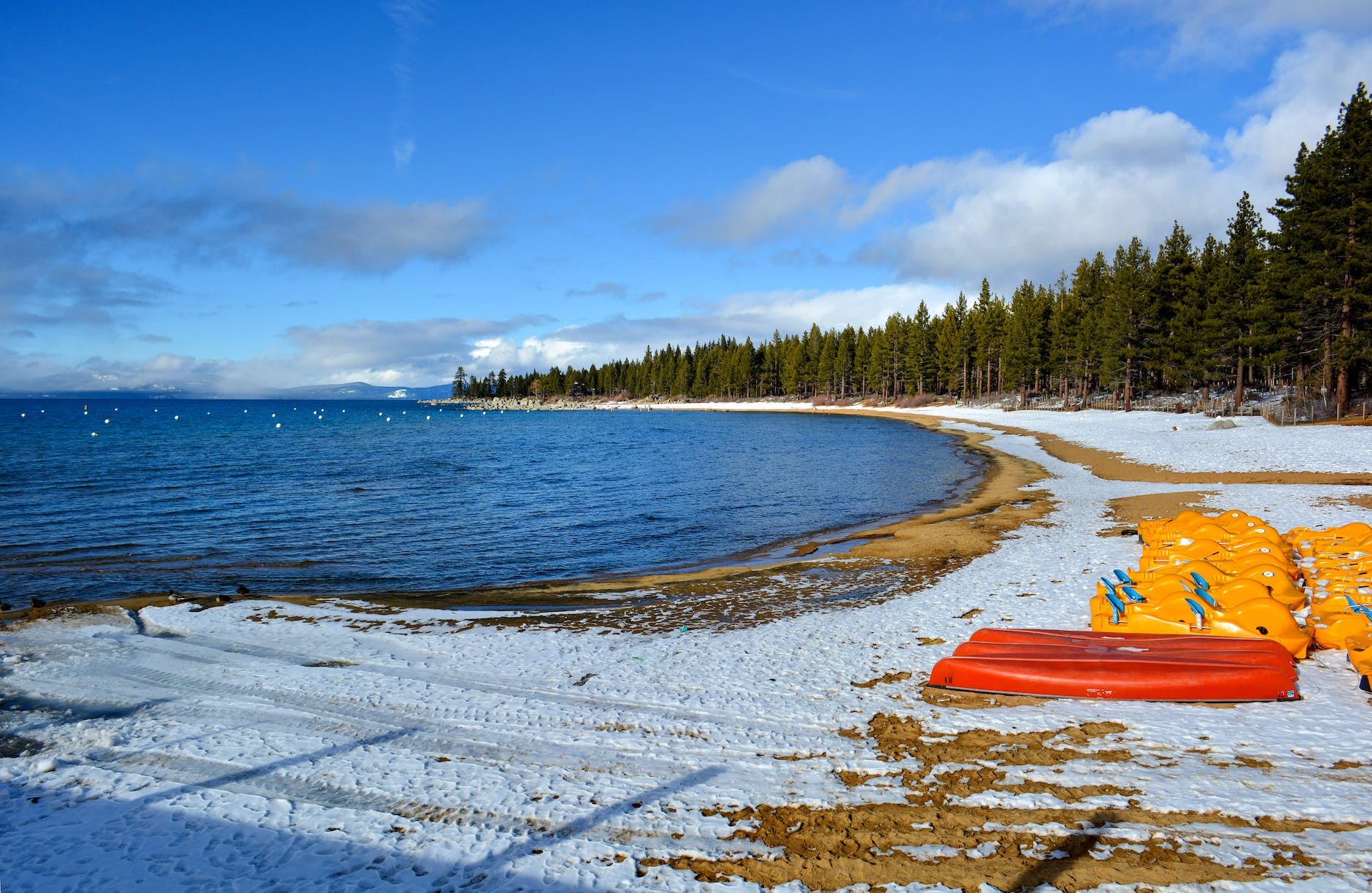 lake tahoe shore covered with snow